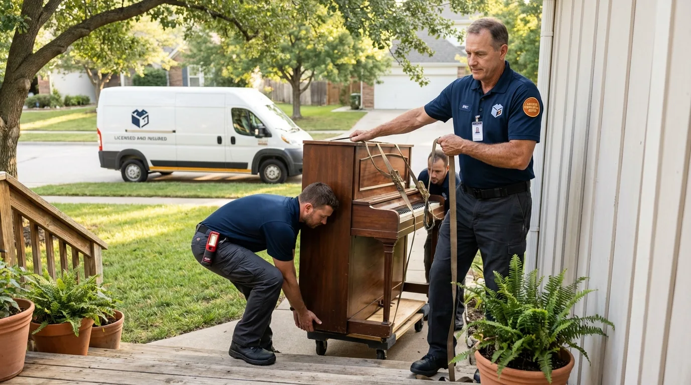 Licensed piano movers securing grand piano in Riverside, PA
