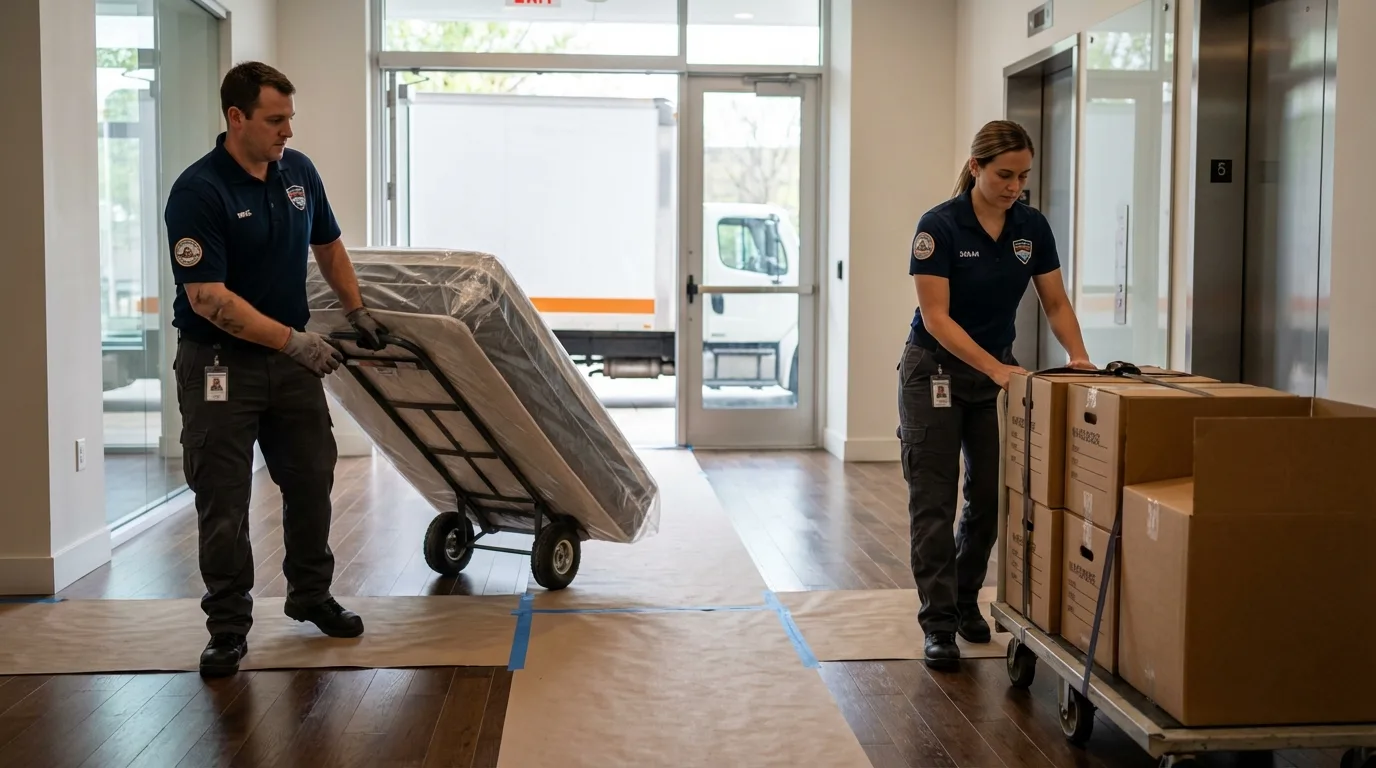 Professional apartment movers loading elevator in Riverside, PA